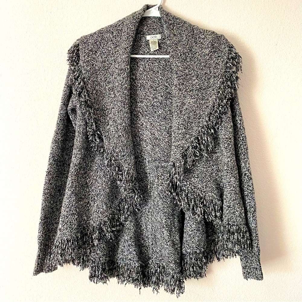 Cache‎ Wool Blend Sweater Drape Front Fringe Hems Women’s Sz S Black, White